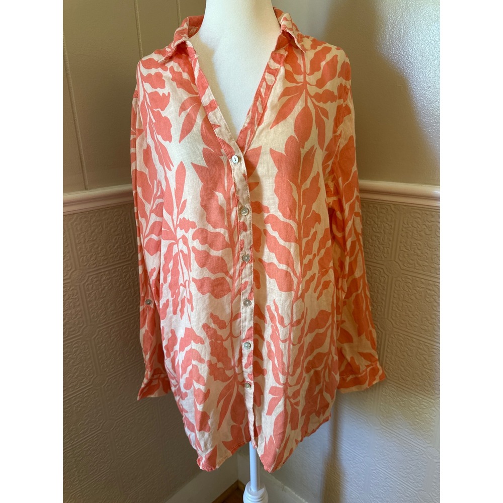 Rachel Zoe 100% Linen Coral Tropical Leaf Print Button Down Shirt Large